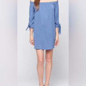 Maven West Elegant sky blue fabric off shoulder tie sleeve dress.